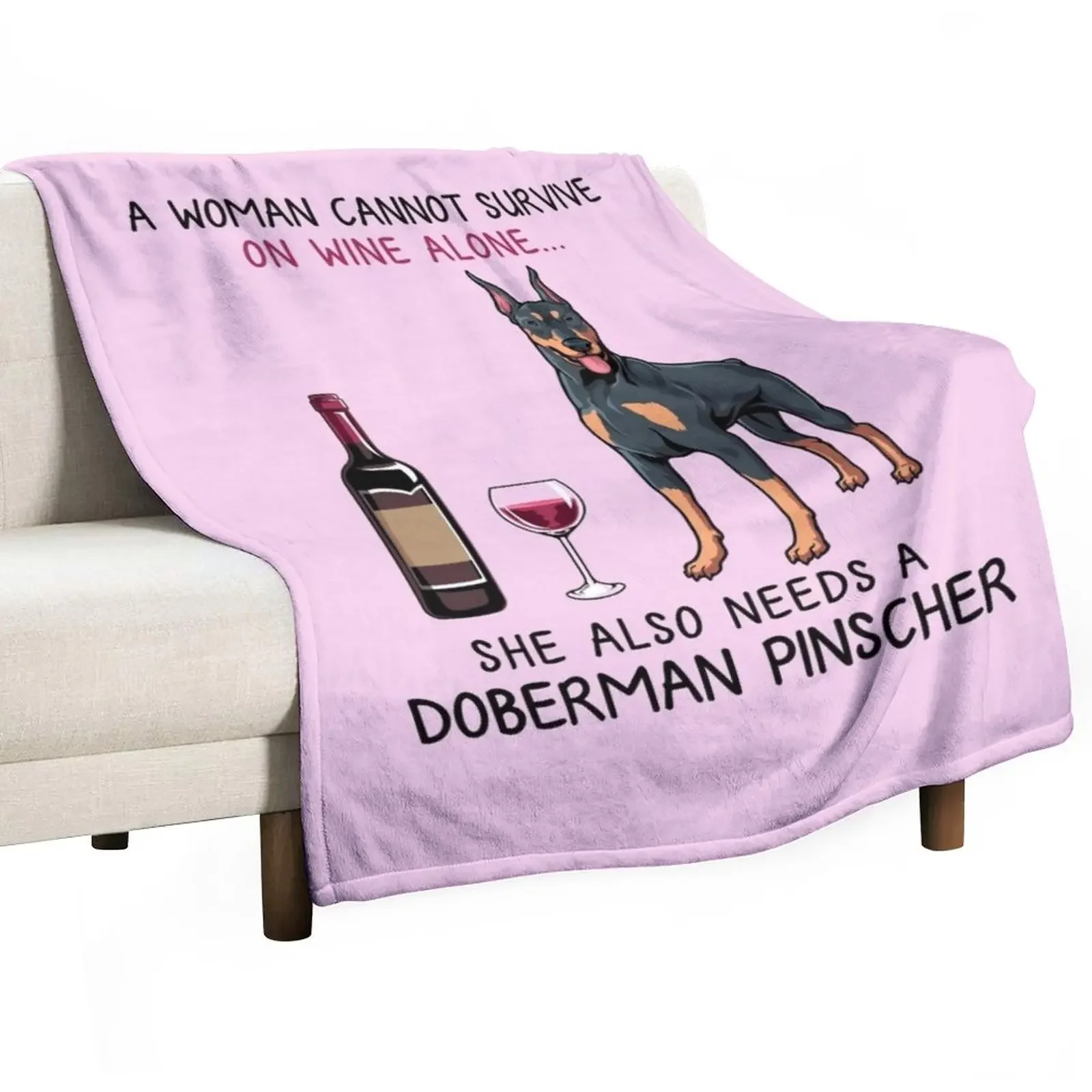 Doberman Pinscher and wine Funny dog Throw Blanket Flannel Fabric Single Blanket Luxury Blanket