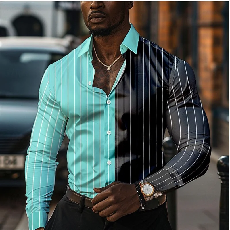 Business Casual Men's Line 3D Printed Shirt Formal Summer Spring Autumn Lapel Long Sleeve Shirt S-5XL Fast Shipping 2024