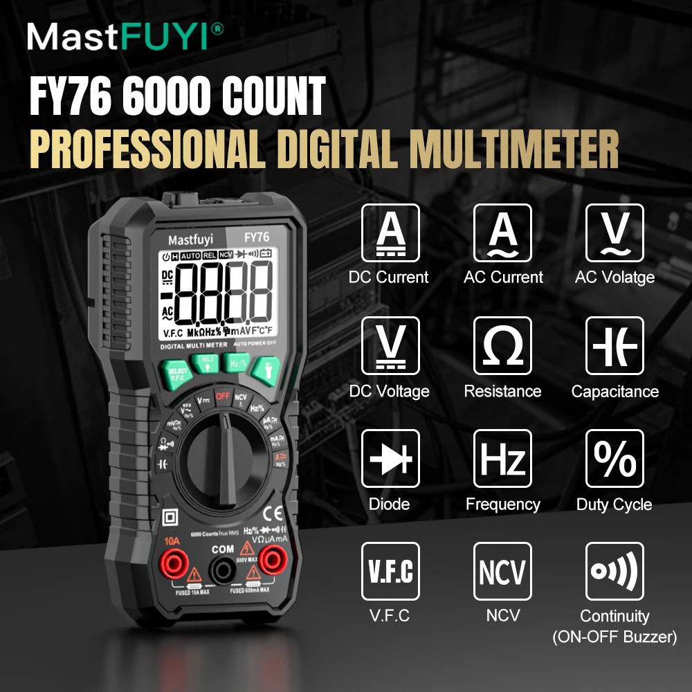 

MASTFUYI FY76 Digital Multimeter Auto Range AC/DC Professional Ammeter Voltmeter Tester Tool Meter 6000 counts True RMS