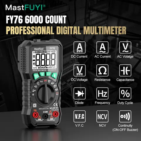 MASTFUYI FY76 Digital Multimeter Auto Range AC/DC Professional Ammeter Voltmeter Tester Tool Meter 6000 counts True RMS