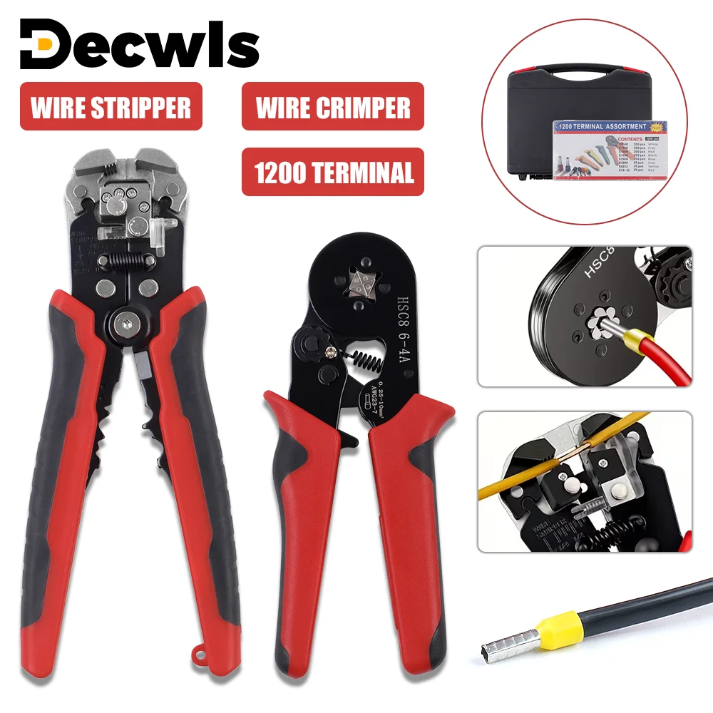 

Wire Crimping Tool Kit Including HCS8 6-4A Crimping Pliers (AWG23-7) 2-In-1 Wire Stripper/Cutter 1200 Terminals Electrician Tool
