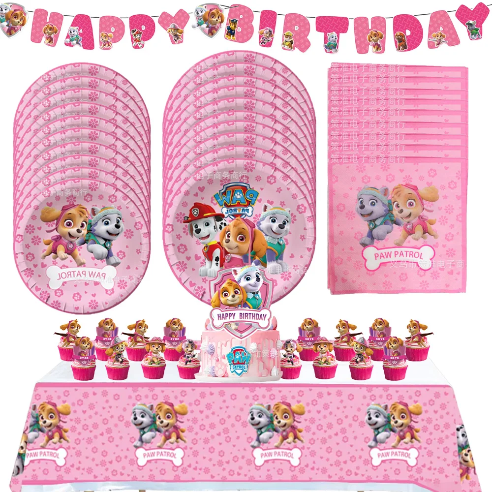 

PAW Patrol Pink Skye Backdrop Pink And Rose Red Foil Balloon Girls Birthday Party Decorations Cup Disposable Tableware Kid Gifts