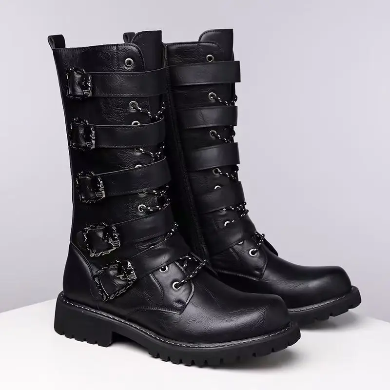 Botas de caballero altas punk cosplay de moda de lujo para hombre, zapatos de diseñador de marca, bota de vaquero de cuero genuino, bota de plataforma fresca para motocicleta
