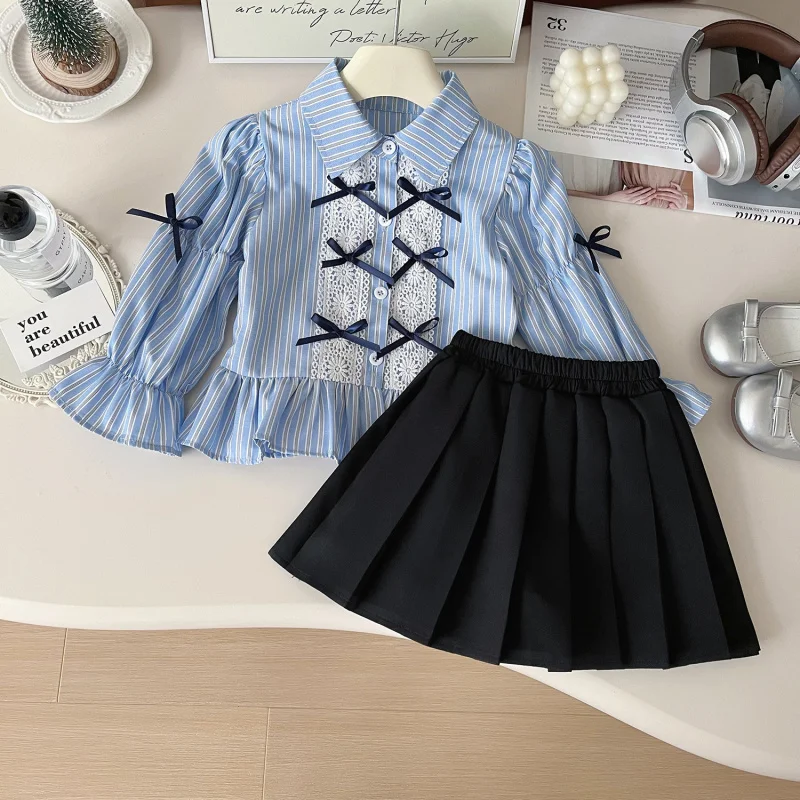 

Children's Outfit Set Skirt New Autumn Baby Girl Cute Striped Bow Shirt+Pleated Skirt Elegant Two-Piece Set