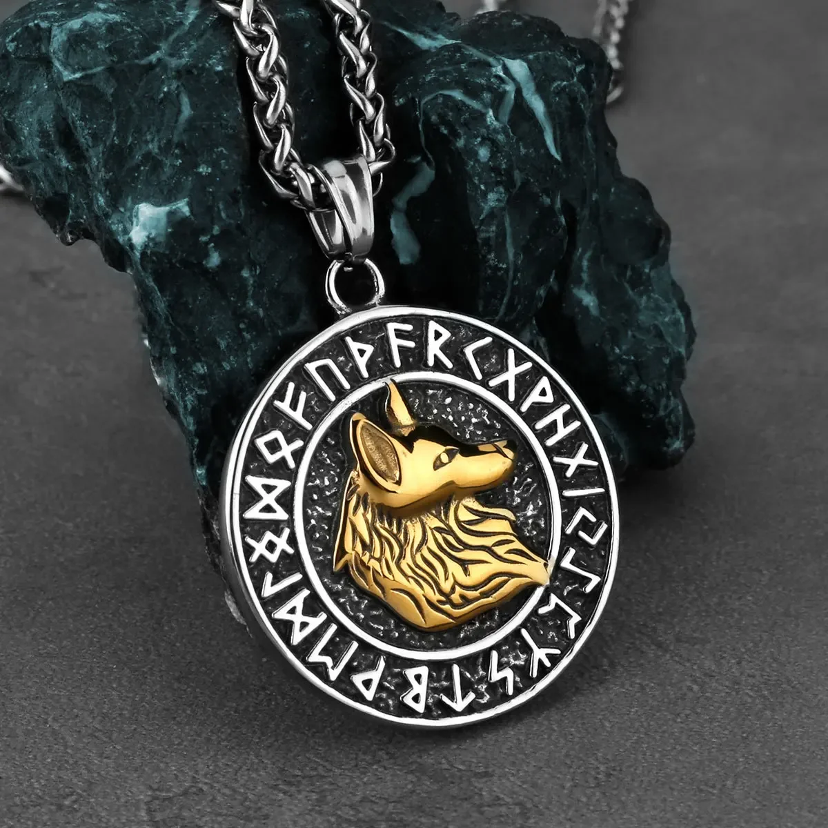 

Golden Wolf Head Rune Men's Necklace, Vintage Stainless Steel Jewelry