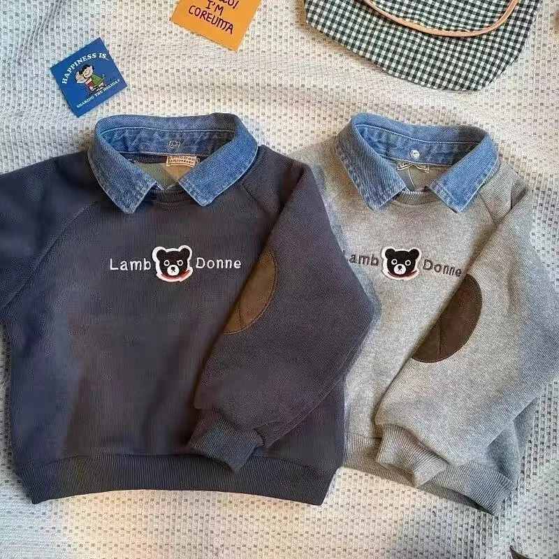 Baby Boys Girls Long Sleeve Sweatshirt 2026 Autumn Winter Children Cartoon Bear Plush Thick Denim Lapel Pullover Base Shirt Tops