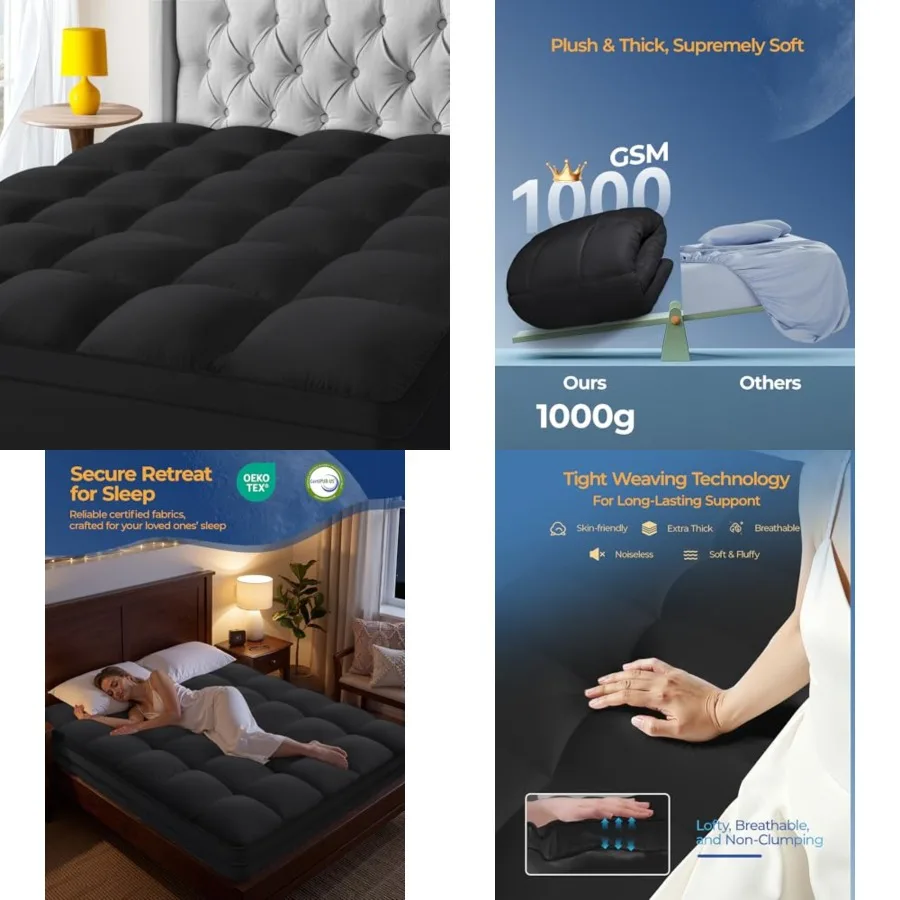 

Full Mattress Topper, Extra Thick Mattress Pad Cover for Deep Sleep,3D+7D Snow Down Alternative Fill Overfilled Plush Pillow Top with 8-23 Inch Deep Pocket-Black