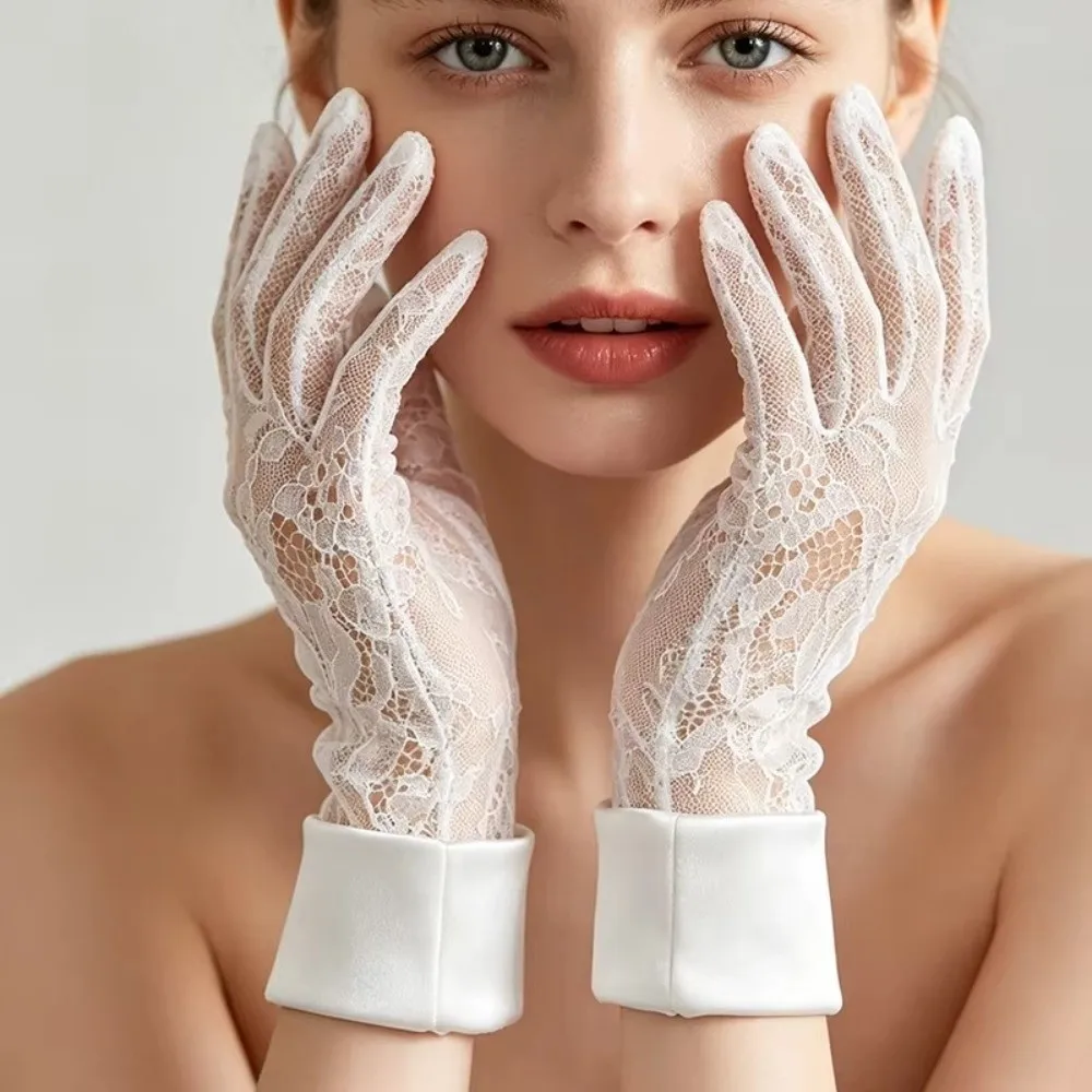 Floral Lace Bridal Lace Gloves Satin Cuff See Through Floral Embroidery Aesthetic Gloves Breathable Elastic Fabric