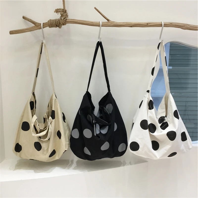 

Summer Casual Polka Dot Canvas Bags Women Large Capacity Shopping Tote Bag Simple Casual Lady Travel Handbags