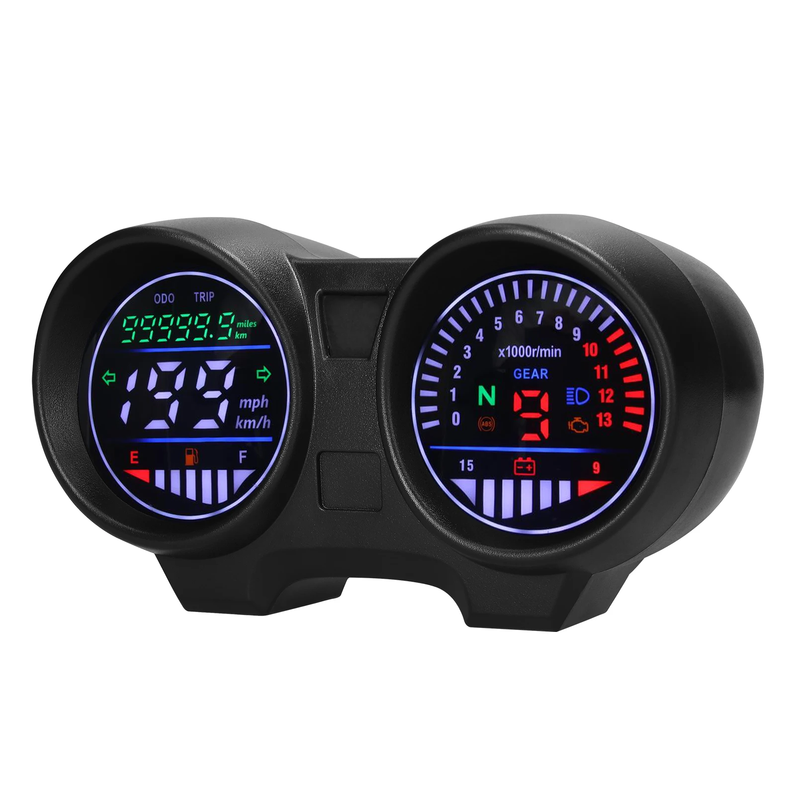 

LED Motorcycle Speedometer Odometer 13000RPM 199KM/H Fuel Gauge Voltmeter 12 V with Gear Display Light Indicator Flashing Alarm