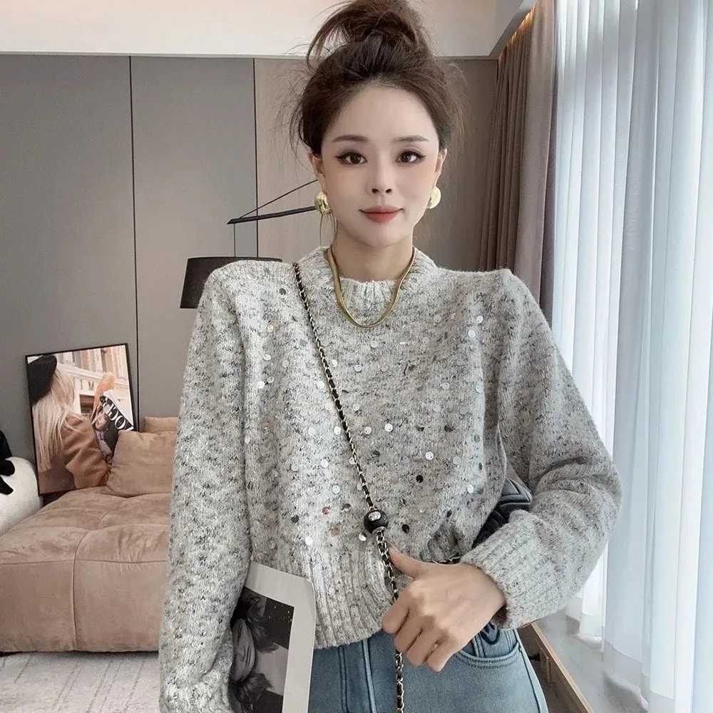 Fashion Sequin Women Sweater O Neck Loose Simple Chic Short Pullovers Korean Casual Long Sleeve Tops New Ladies Elegant Jumpers