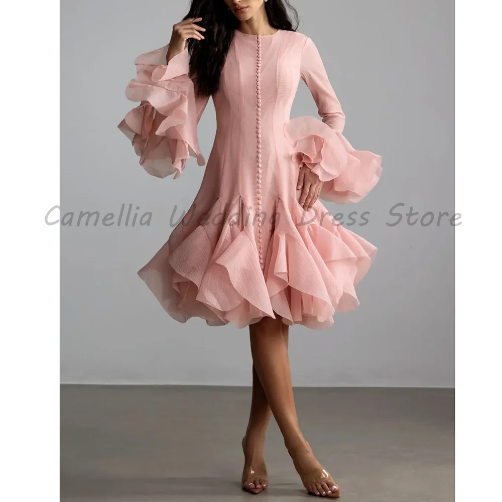 

Glamorous Pink Long Sleeve Ruffle Mini Cocktail Dress 2026 Luxury O-Neck Button Detail A-Line Formal Party Gown For Women