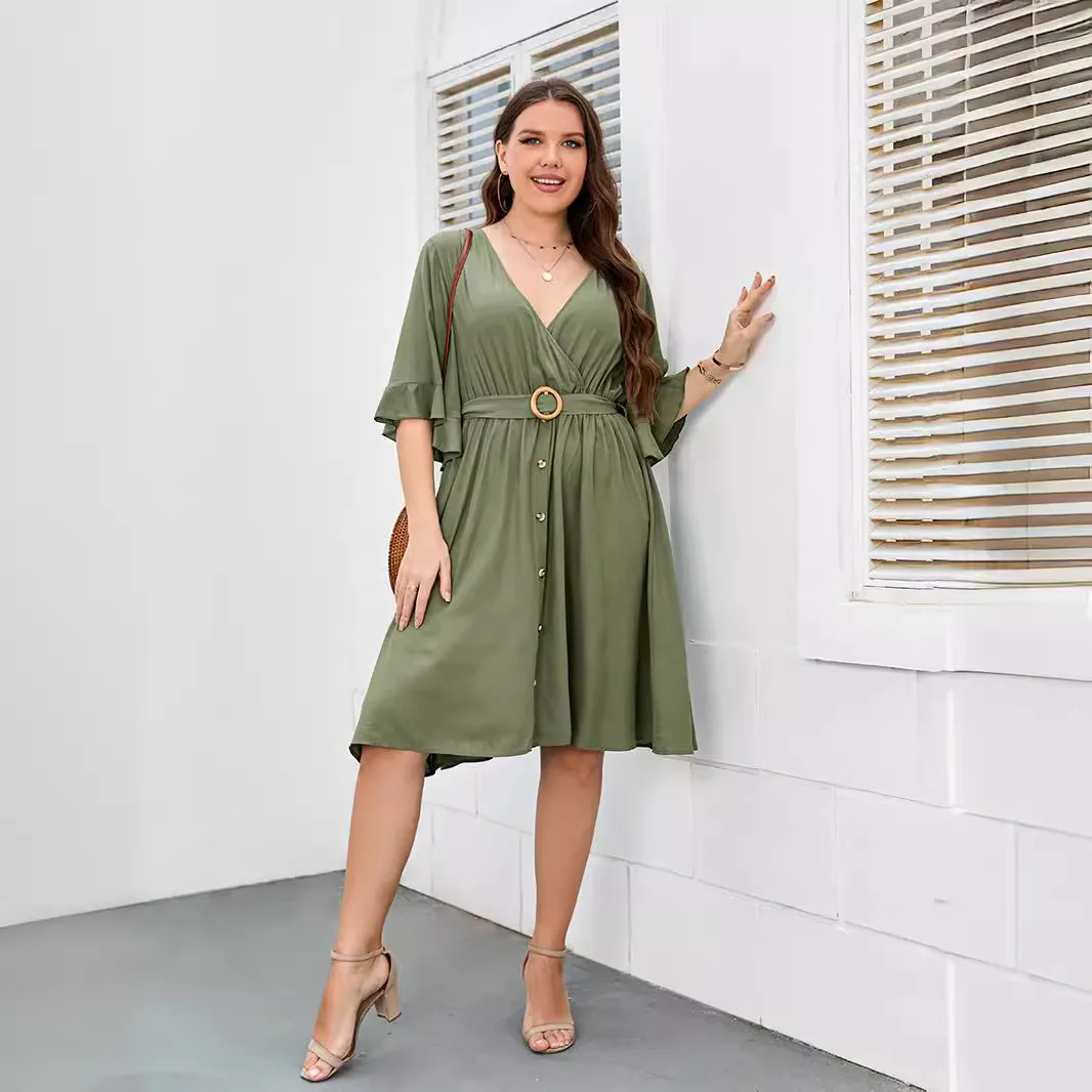 

plus Size Women's Fashion Party Dress L4XL 2024 Fat Ladies Long Skirt Five Sleeve PU Material Color Chinese Brand