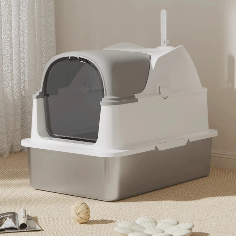 

Stainless Steel Cats Litter Box Jumbo Size Anti-Scatter Cat Toilet Fully Enclosed Kitty Litter Tray Lift Lid Design Cat Bedpans