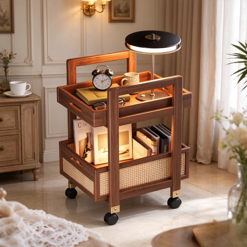 Vintage Wooden Rolling Cart Sofa Side Table Mobile Bedside Nightstand with Wheels Multi Functional Storage Rack for Living Room