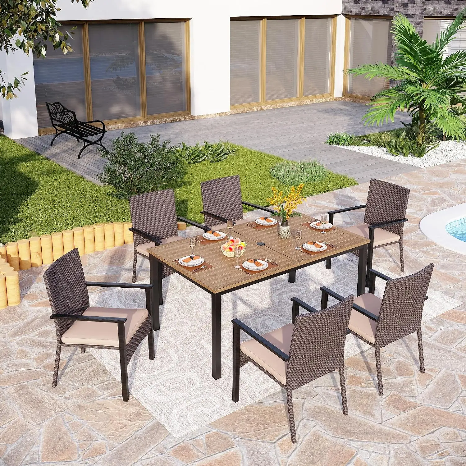 64" Rectangle Wrought Iron Table. Slatted Top Design, Weather Resistant. Perfect for Patio, Deck, Porch, Backyard