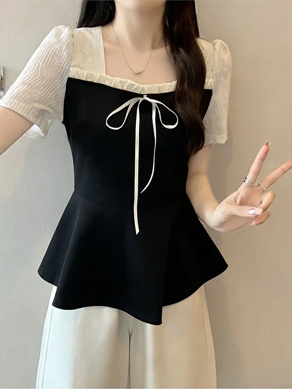 

Elegant Large Size Women's Shirt Square Collar Bubble Sleeve Slimming Top Korean Style Commute Fashion Summer New Arrival