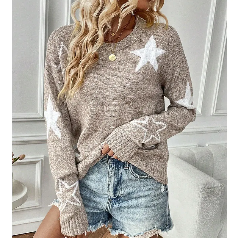 Five Pointed Star Jacquard Trendy Design Loose O-neck Knitted Pullover Long Sleeved Autumn Winter Casual Women's Sweater 2