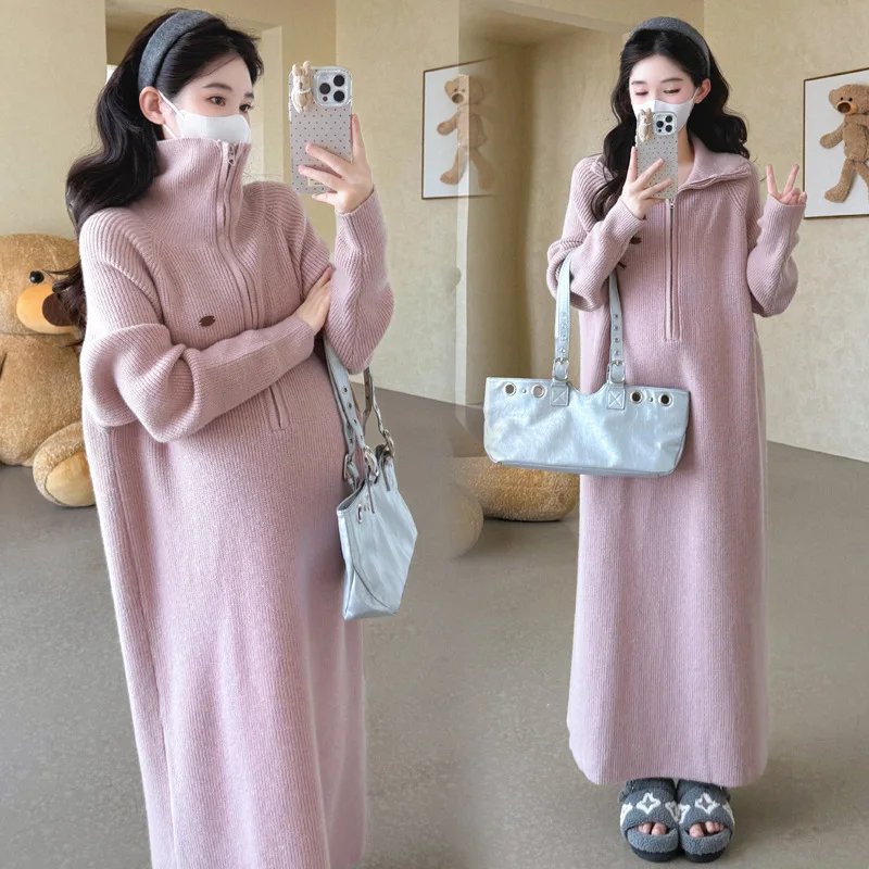 Maternity Dress Autumn Winter New Arrival Minimalist Lazy Soft Loose Stand Collar Knitted Sweater Dress For Pregnant Women