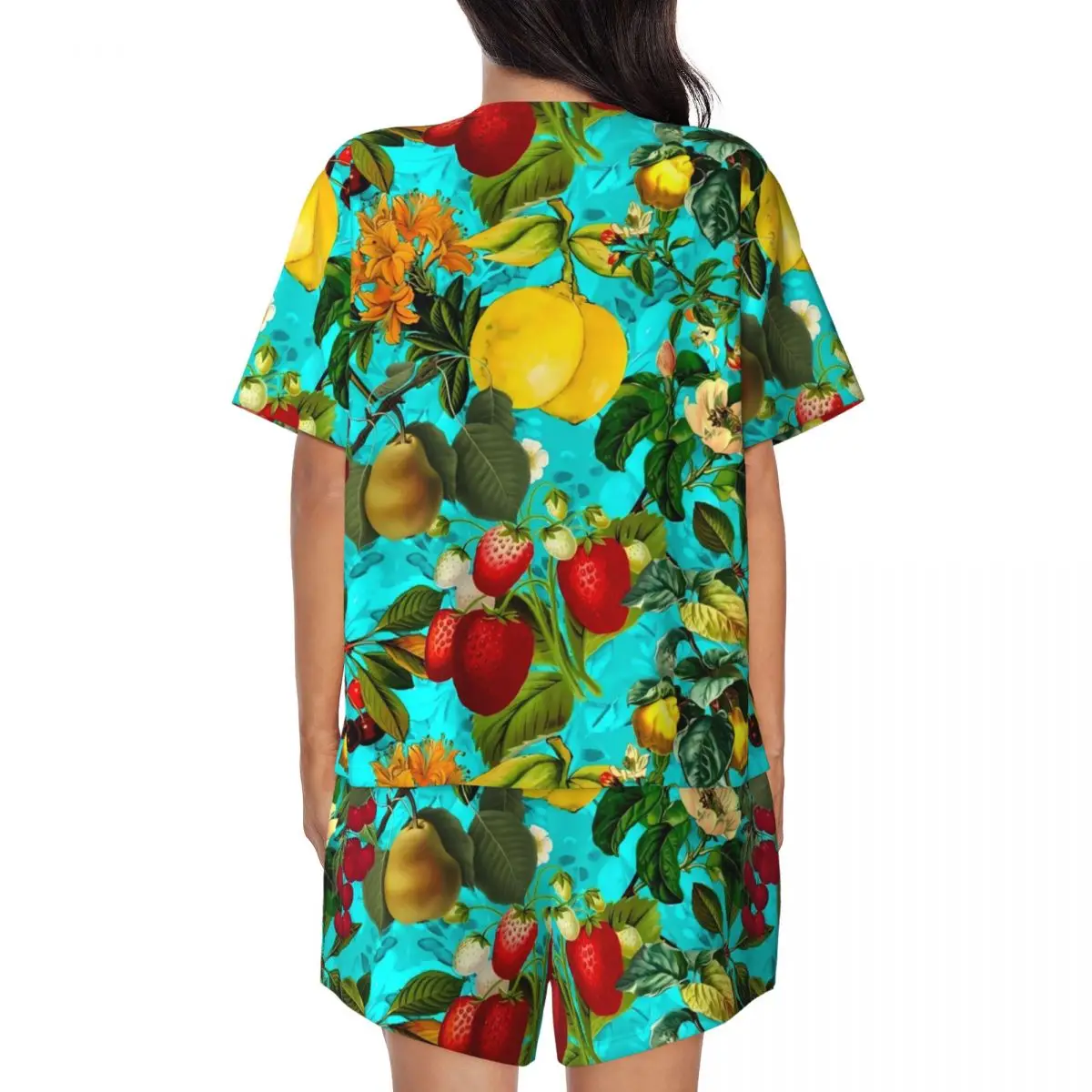 Vintage Fruit Print Pajamas Summer 2 Piece Floral Print Kawaii Pajama Sets Lady Short Sleeve O Neck Home Pattern Nightwear