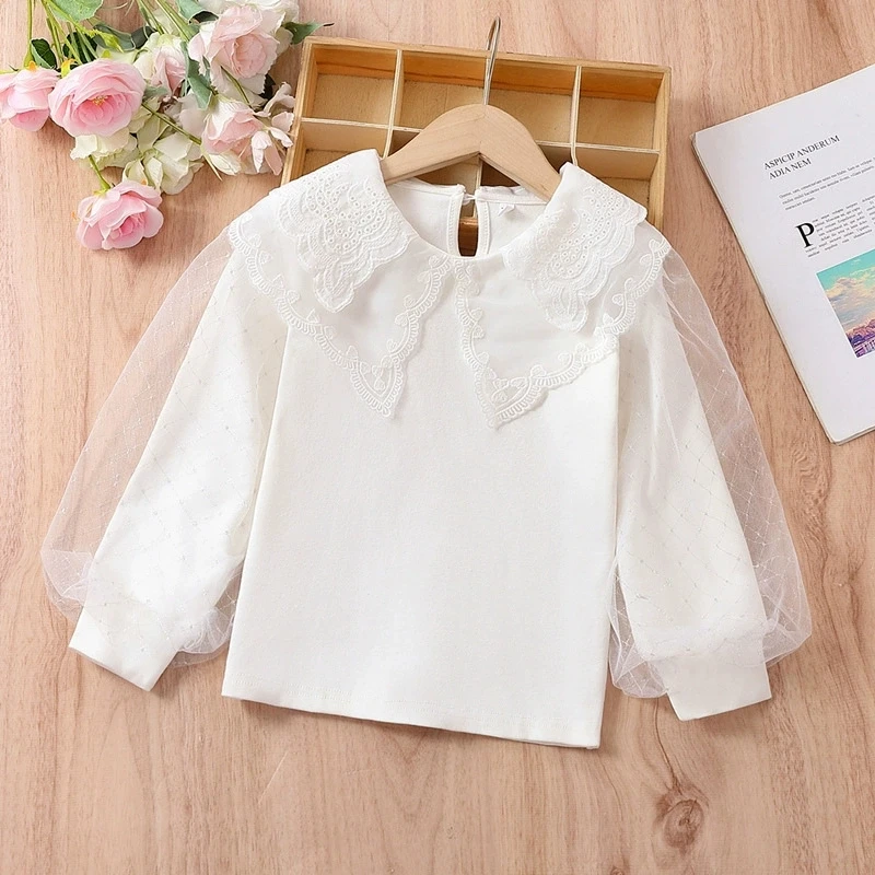 

Girls Long Sleeve Tshirts Cotton Bubble Sleeve Princess Tops with Peter Pan Collar Cute Casual T-Shirt for Toddler 3-12Years