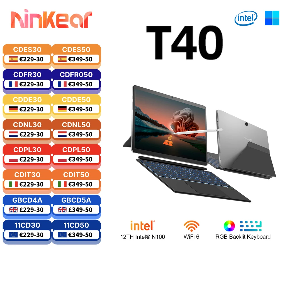 Ninkear T40 Laptop 2 in 1 TouchScreen Tablet Notebook Intel N100 14 Inch FHD 16GB DDR5+512GB SSD Wifi 6 RGB Backlit With Stylus