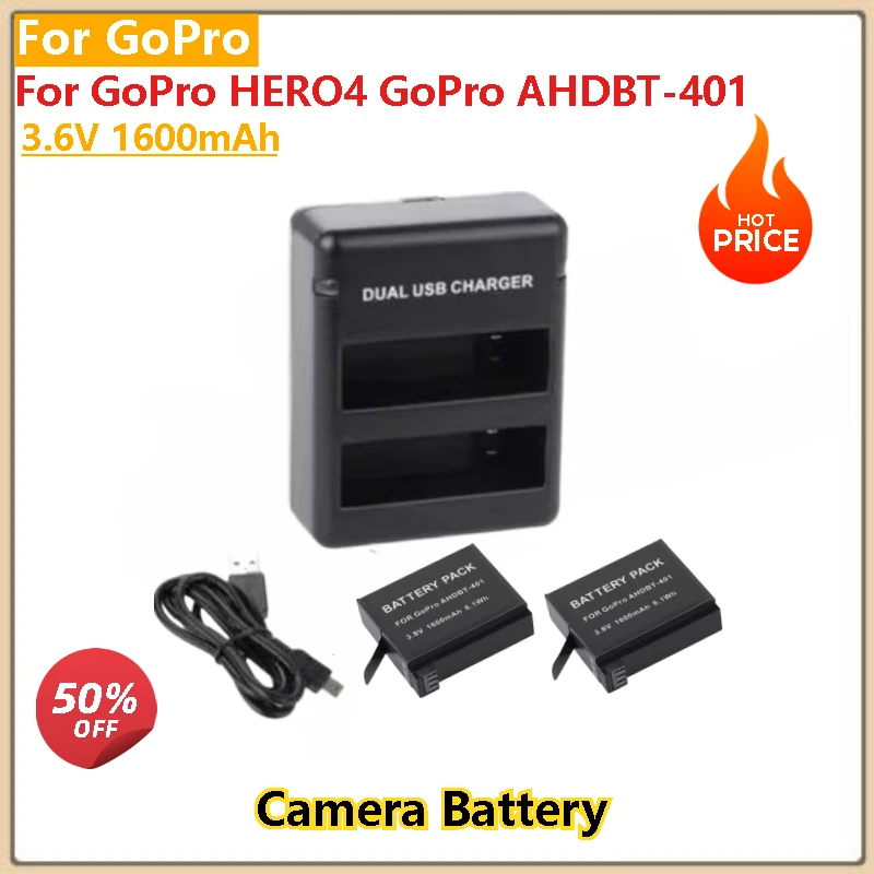 1600mAh Camera Battery+ USB Charger for GoPro HERO4 GoPro AHDBT-401 Action Camera High Capacity