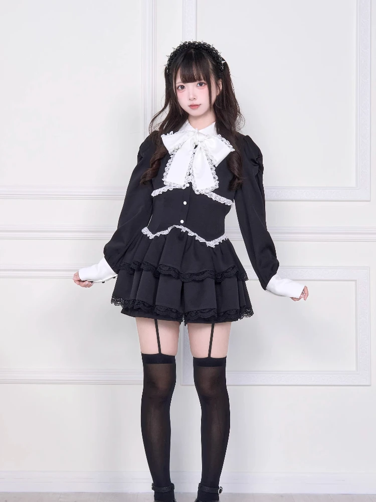 Japanese Style Mass-Produced Subculture Lace-Up Bow Long Sleeve Mini Dress High-Waisted Shorts Two-Piece Set for Women Autumn