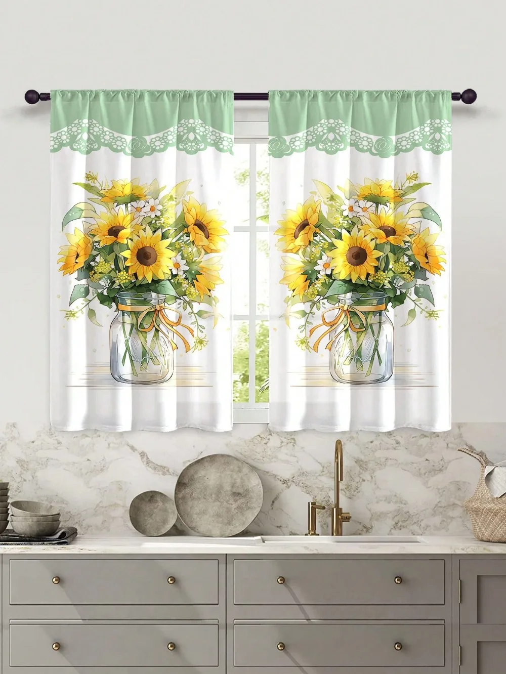 Sunflower Print Kitchen Window Curtain, Multi-Color, Decoration for Bedrooms, Study Rooms, Cafes, Living Rooms, New Fashion,2Pcs