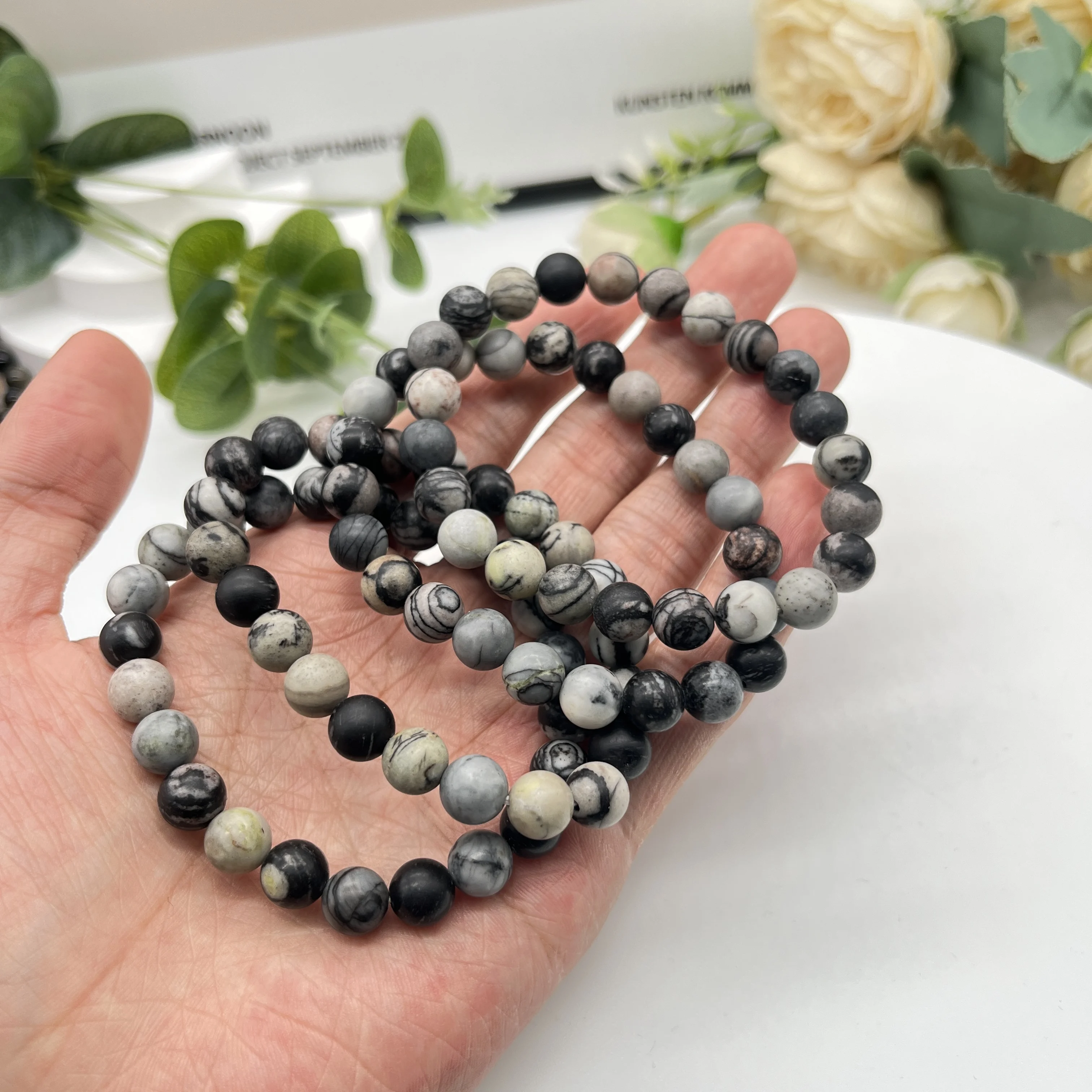 

Polished Round Beaded Bracelet Natural Crystal Black Net Stone Beads Wrist Chain Fashion Jewelry Charm Strand Home Decor Gift