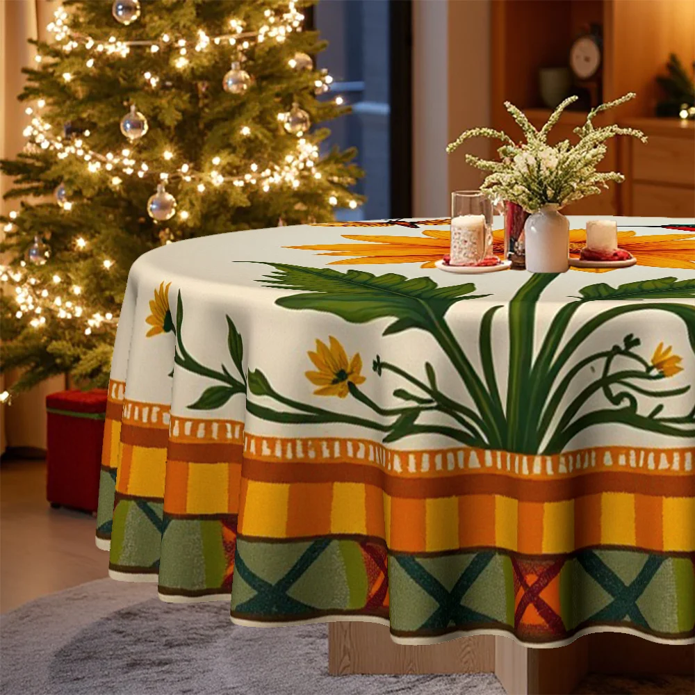 1 tablecloth, Christmas theme, hummingbird and dragonfly sunflower print tablecloth, suitable for home kitchens