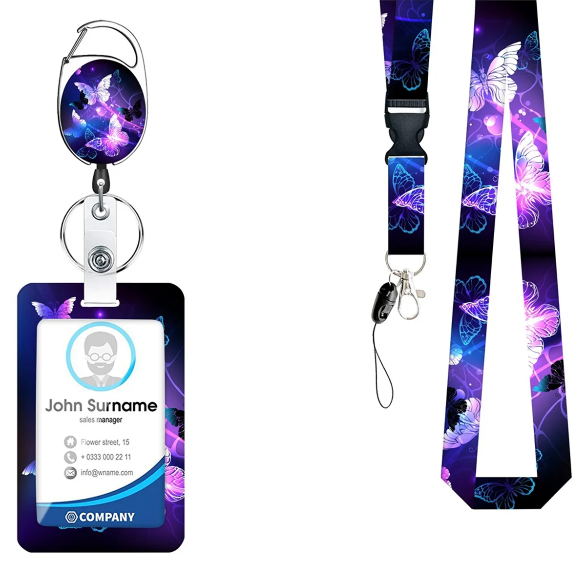 Hand-Sliding Push Cover ID Holder Butterfly Starry UV Digital Printing ID Card Holder Badge Reel Carabiner Reel Clip B