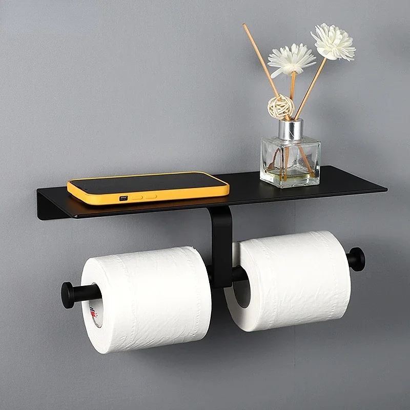 

Matte Black Double Toilet Paper Roll Holder, Bathroom Shelf, Tissue Dispenser