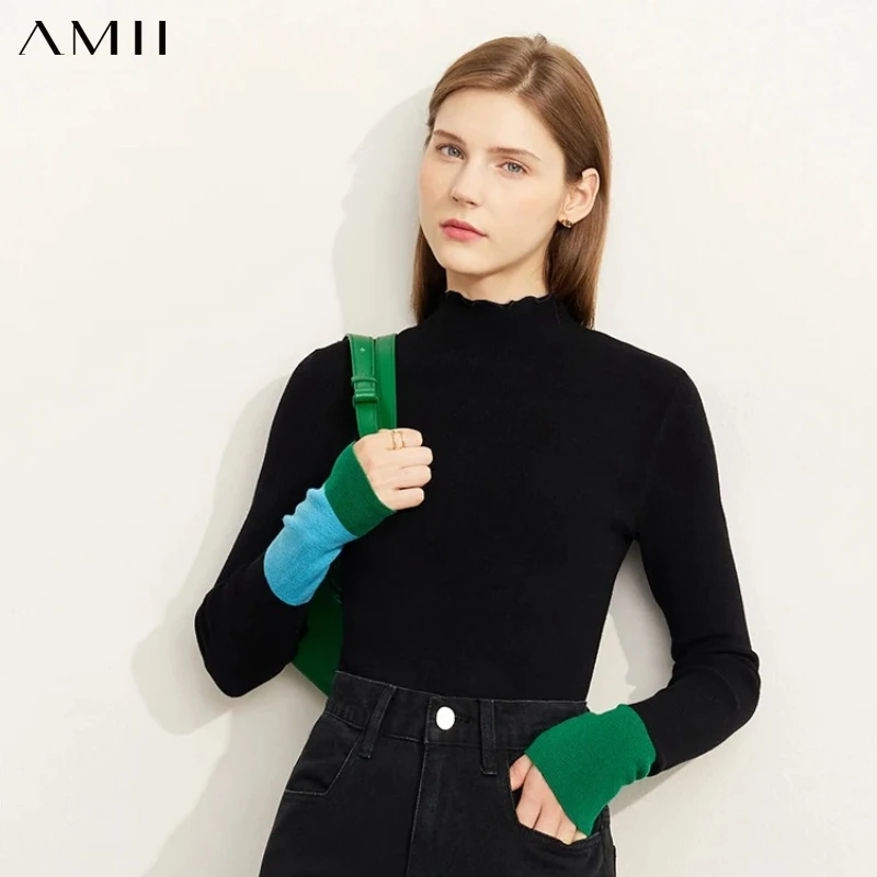 Amii Women's Semi-turtleneck Sweater 2026 Winter New Commuter Style Versatile Slim Top Women Patchwork Knitted Sweater 12543231