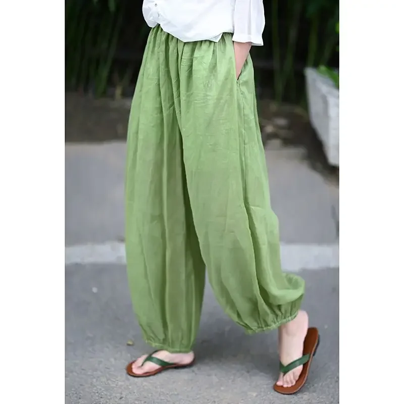 

New Summer Simple Commuting Loose Solid Color Versatile Thin Casual High Waist Slim Cotton and Hemp Lantern Pants for Women Z680