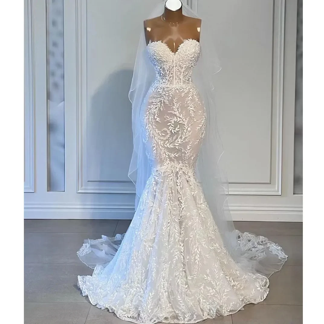 Luxury Mermaid sexy sweetheart Backless lace decal illusion scoop Transparent neck custom wedding dress vestibule De Novia