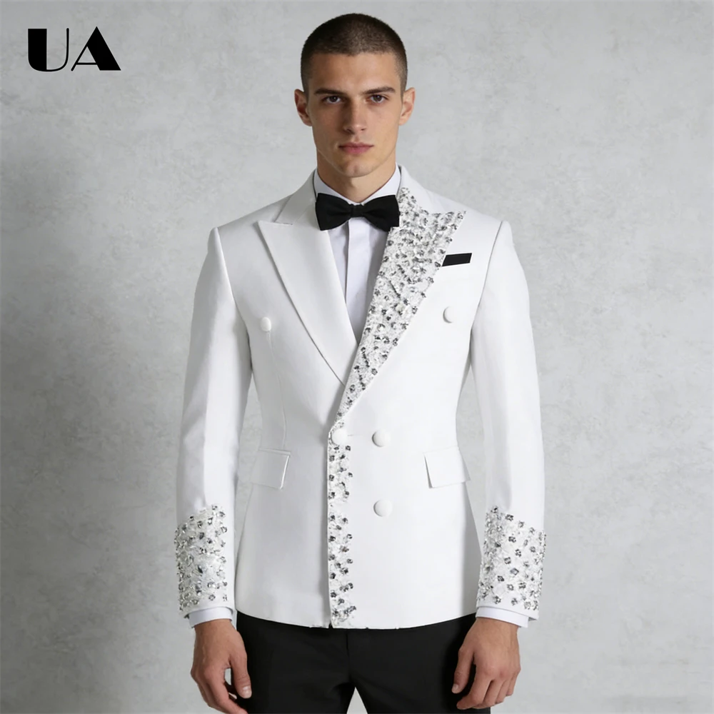 

Luxurious 2-Piece Suit Set with Crystals Handsewn Men's Wedding Suit Attire Double Breasted Groom's Suit Set Blazer Trousers