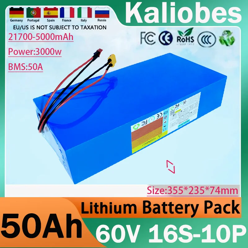 

60V 50Ah 21700 16S10P Lithium Ion Battery Pack 3000W Power Tool Batteries Outdoor Backup Batteries With 50A BMS+optional charger