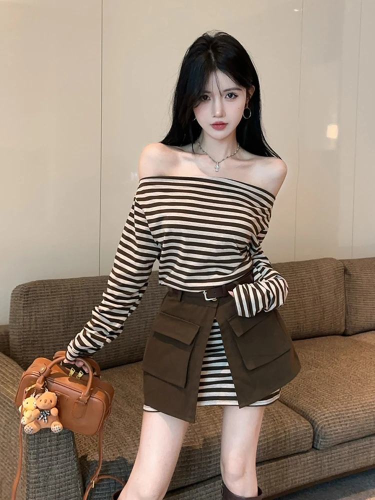 

Сексуальная полосатая юбка с разрезом на одно плечо, модное облегающее платье с поясом, повседневное теплое длинное платье средней веса, осень-весна для женщин