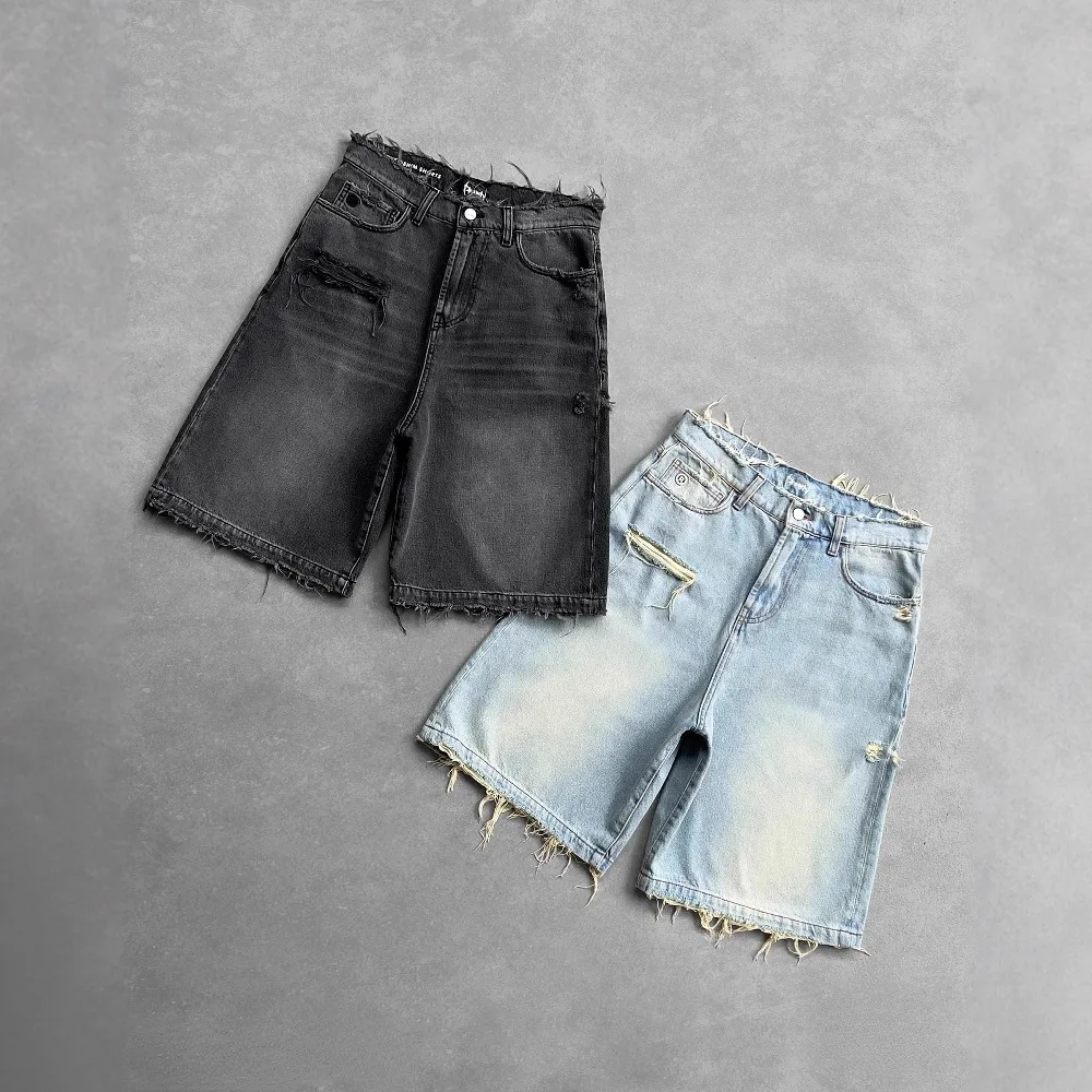 

Men Retro Denim Shorts Y2K Embroidery Hip Hop Ripped Hole Denim Shorts American Streetwear Baggy Wide Leg Cargo Gym Shorts