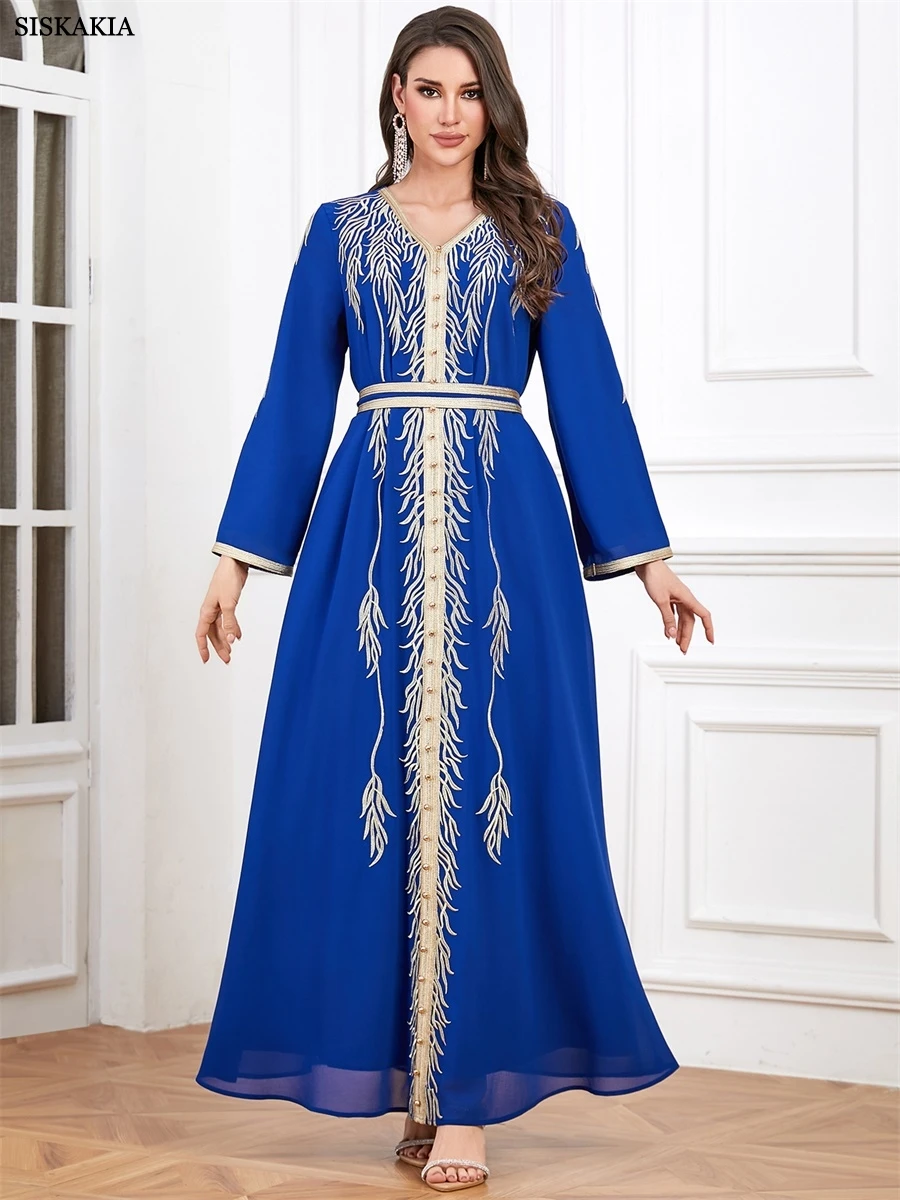 

Siskakia Dubai Embroidery Maxi Dress Fashion Beading Abaya Belt included Elegant Belted Kaftan 2025