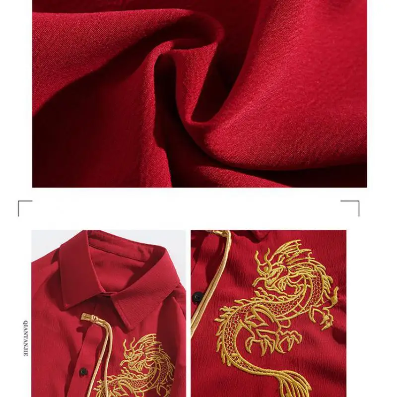 2025 Summer Chinese Dragon Embroidered Shirt Trendy Casual Short Sleeve Tops for Men Breathable Blend Fashion Clothing for Man