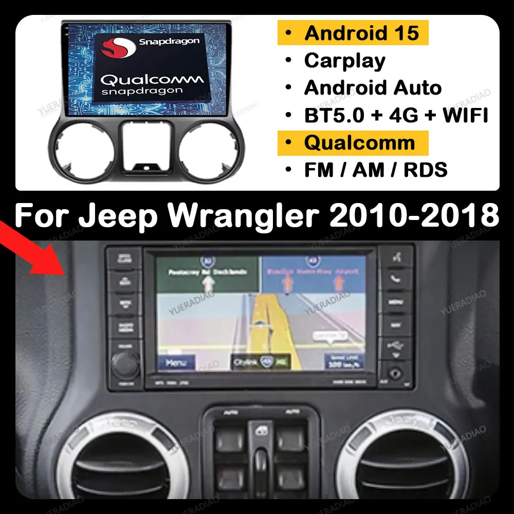 Android 15 Car Radio For Jeep Wrangler 3 JK 2010 - 2018 GPS NAVI 4G WIFI Multimedia Stereo Video Player BT Qualcomm QLED 2DIN