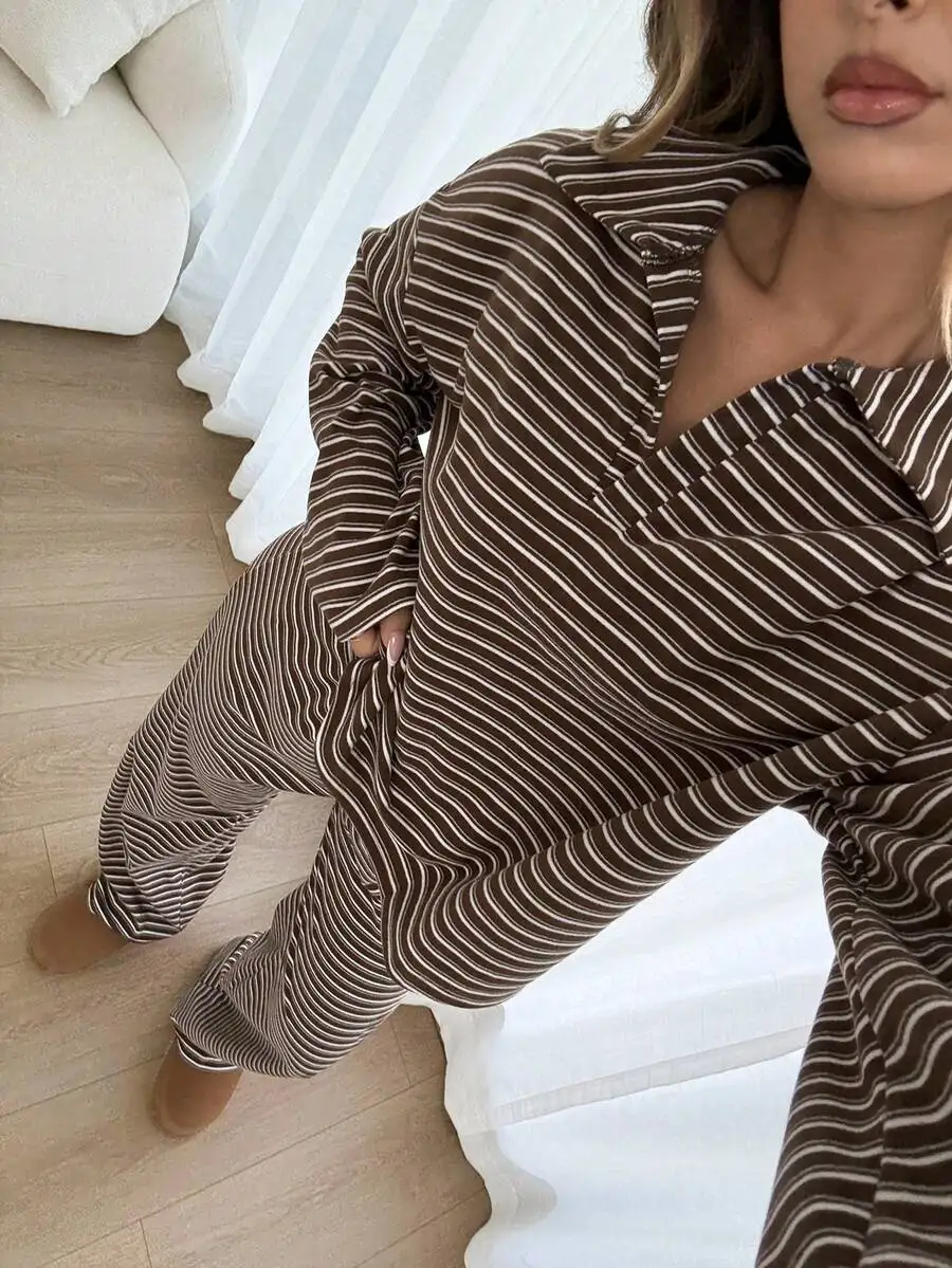 

Womens Loose Striped V-Neck Drop Shoulder Long Sleeve Top And Elastic Waist Pants Set Casual Brown Two Piece Outfit