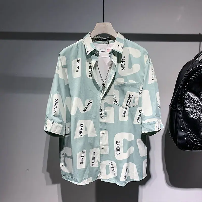 2024 New Summer Japanese Minimalist Casual Loose Oversize Fashionable Lapel Letter Print Versatile Short Sleeved Shirt for Men