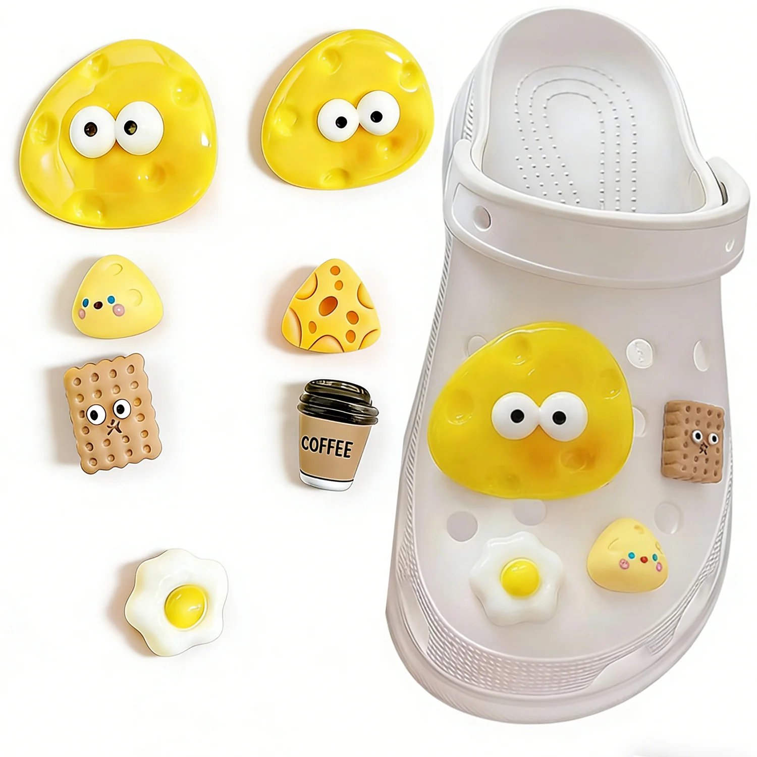 Vater & Sohn DIY Passende Croc-Charms Set – Niedliche, gelbe Schleim-, Lebensmittel-, Kaffee- und Käse-Schuh-Charms für Familien-Crocs-Sandalen