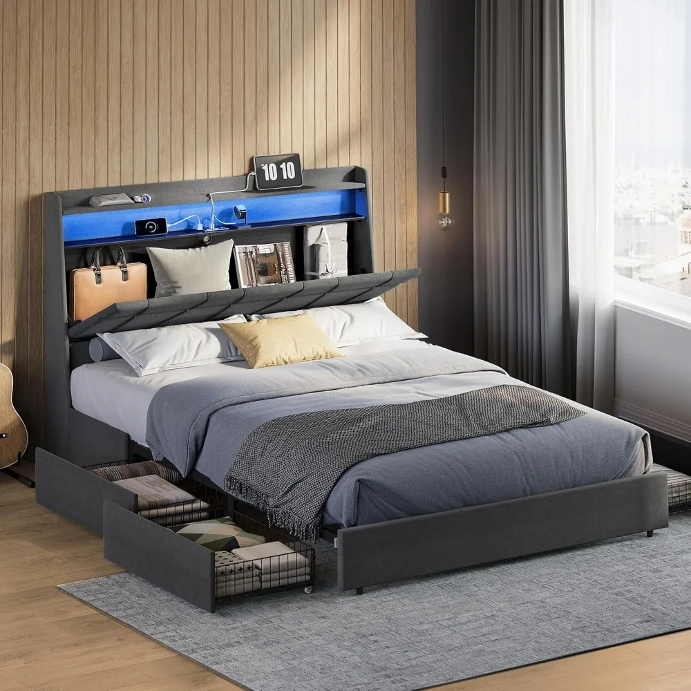 

Queen Bed Frame with Storage Headboard, Bed Frame Queen Size, with 4 Storage Drawers on Wheels, LED Lights