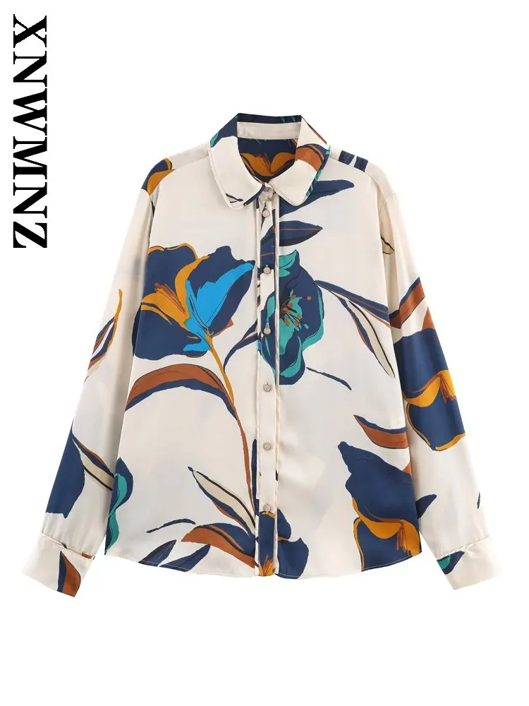 

XNWMNZ 2025 Autumn Woman Casual Chic Turn-down Collar Satin Shirt Fashion Vintage Winter Lady Blue Long Sleeve Holiday Windproof