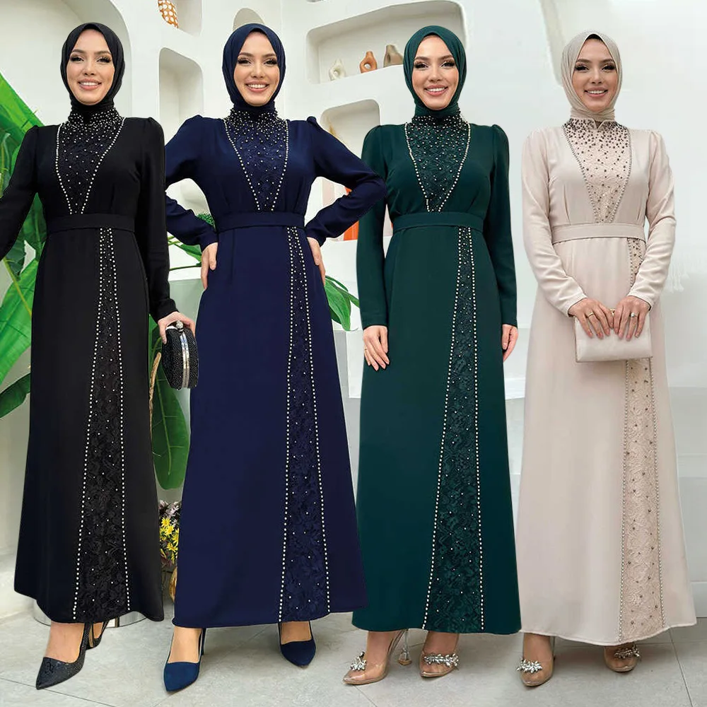 Cross border Middle Eastern Muslim Robe 2024 Autumn/Winter New Lace Beaded Abaya Long Dress