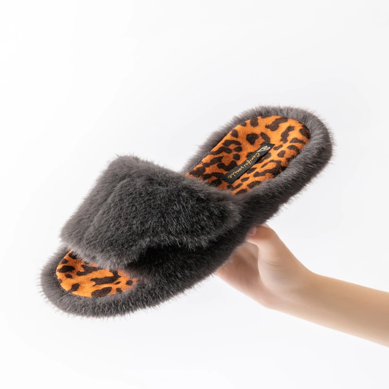 Eyriphy Pluche Pluizige Vrouwen Slippers Winter Warme Dia 'S Traagschuim Slaapkamer Slippers Open Teen Zachte Zool Schoenen Vrouwen Knusse Glijbanen